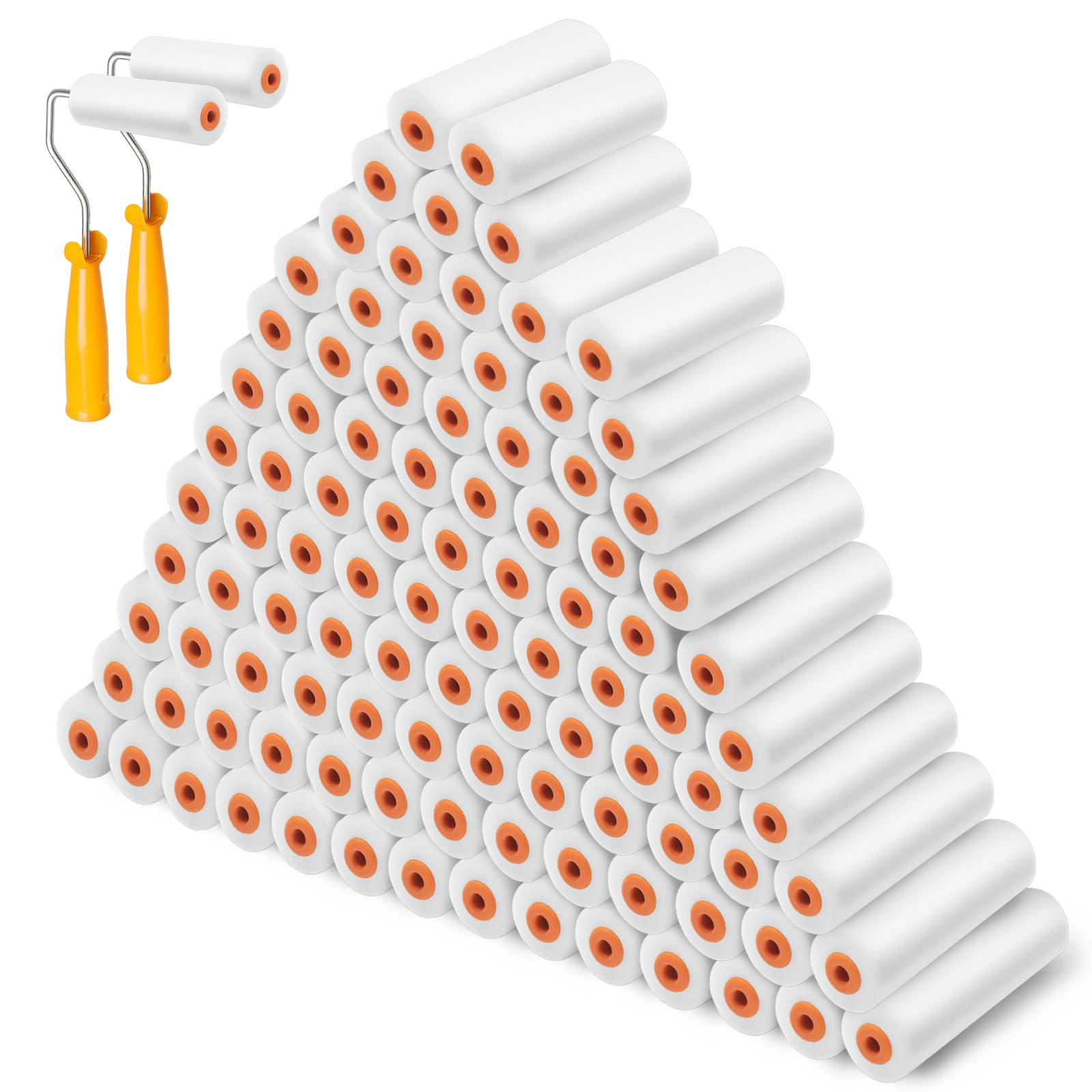 Photo 1 of 100 Pcs 4 Inch Foam Paint Roller with 2 Handles, Mini High Density Foam Roller Refills Paint Edger Tool for Walls Brings Smooth Finishes Flat Surfaces (White)