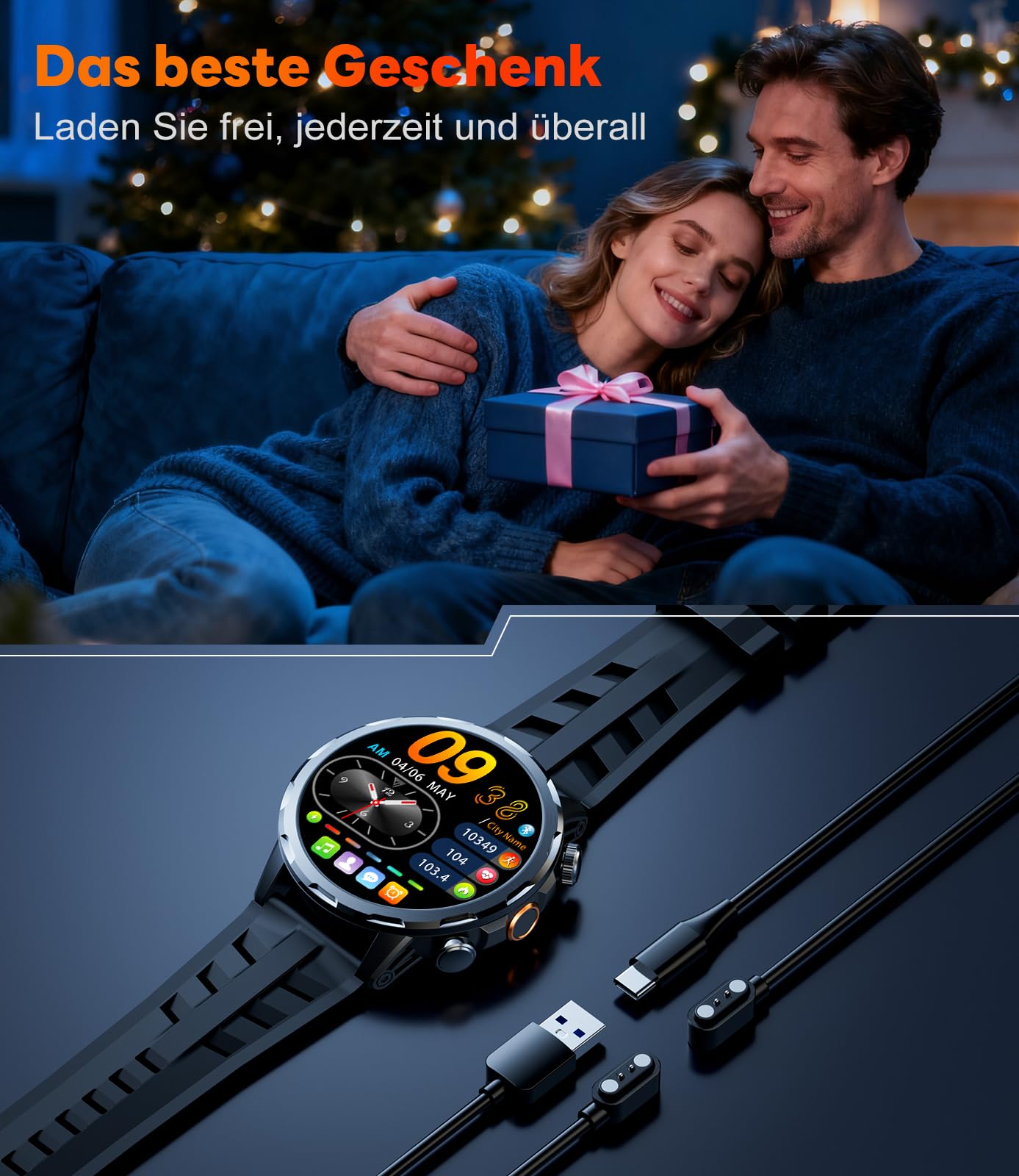 LIGE 1000mAh Großer Akku Smartwatch Herren Militär, 1,85” Sportuhr mit Telefonfunktion,LED Taschenlampe Fitnessuhr mit 100+ Sportmodi, IP68,Herzfrequenz,Schlafmonitor,iOS/Android,2 Armbändern,Schwarz