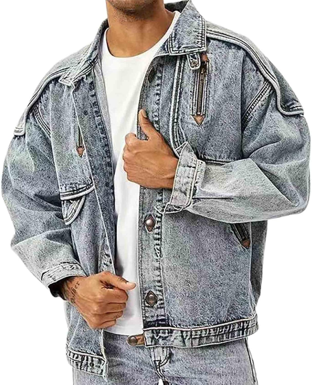 Perbai Mens Vintage Denim Jacket Washed Button Down Loose Jean Trucker Western Jacket