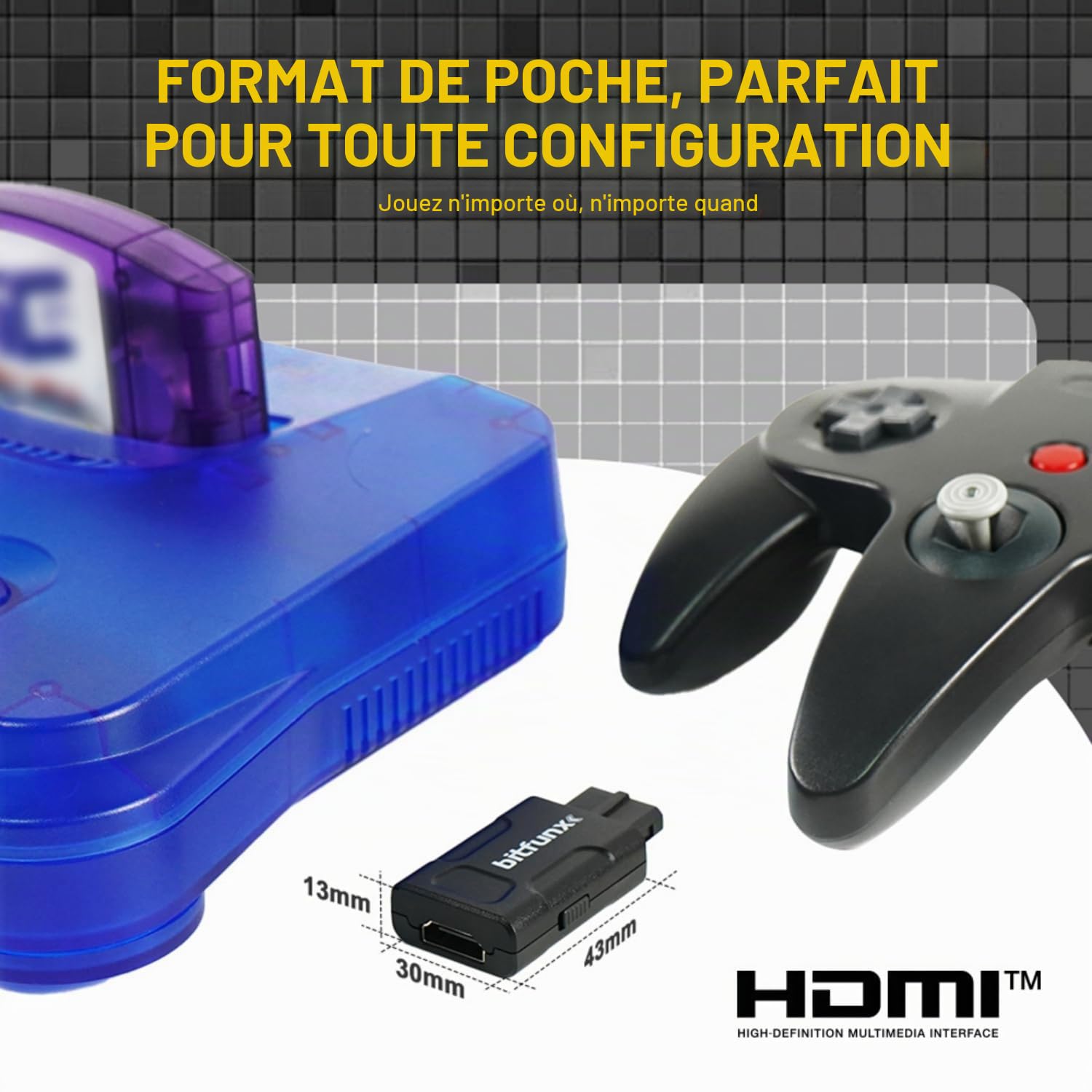 BITFUNX Adaptateur HDMI N64 – Prend en Charge Le commutateur 16:9/4:3, Mini convertisseur HD 720p/1080p avec S-vidéo Automatique et Composite, Adaptateur de Jeu vidéo Plug & Play sans décalage