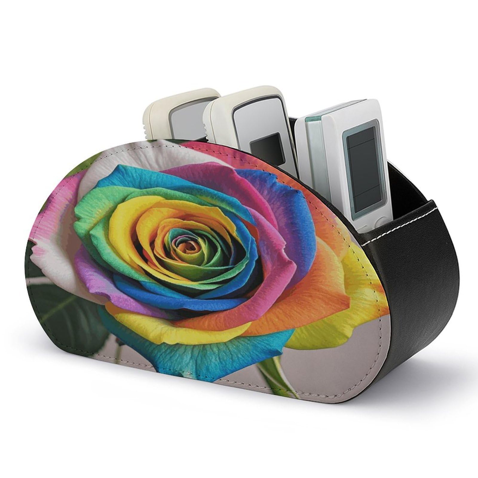 FekiLoot Leather Remote Control Holder with 5 Compartments Rainbow Rose Remote Caddy Desktop Organizer Store TV Remote Holder Remote Organizer for Bedside Table Office Desk
