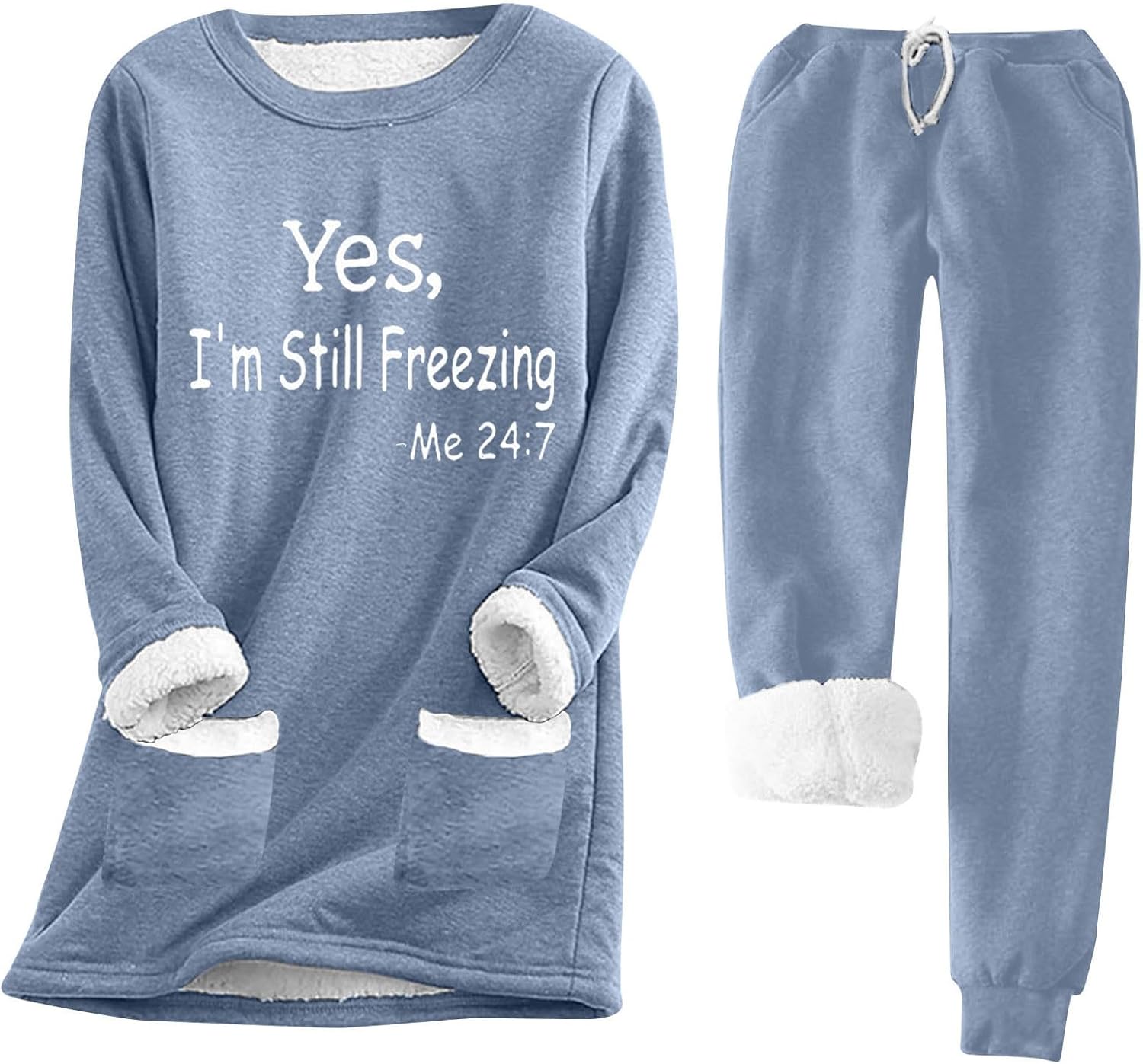 Womens Sherpa Lined Lounge Set 2 Piece Outfits Fleece Pullover Tops with Pants Loungewear Soft Warm Cozy Pajamas Sets