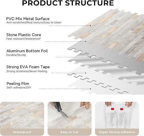 Miniatura 4 de STICKGOO - Loseta en muro para despegar y pegar, azulejos de pared de cloruro de polivinilo para pegar, loseta en muro para cocina (5 láminas, beige