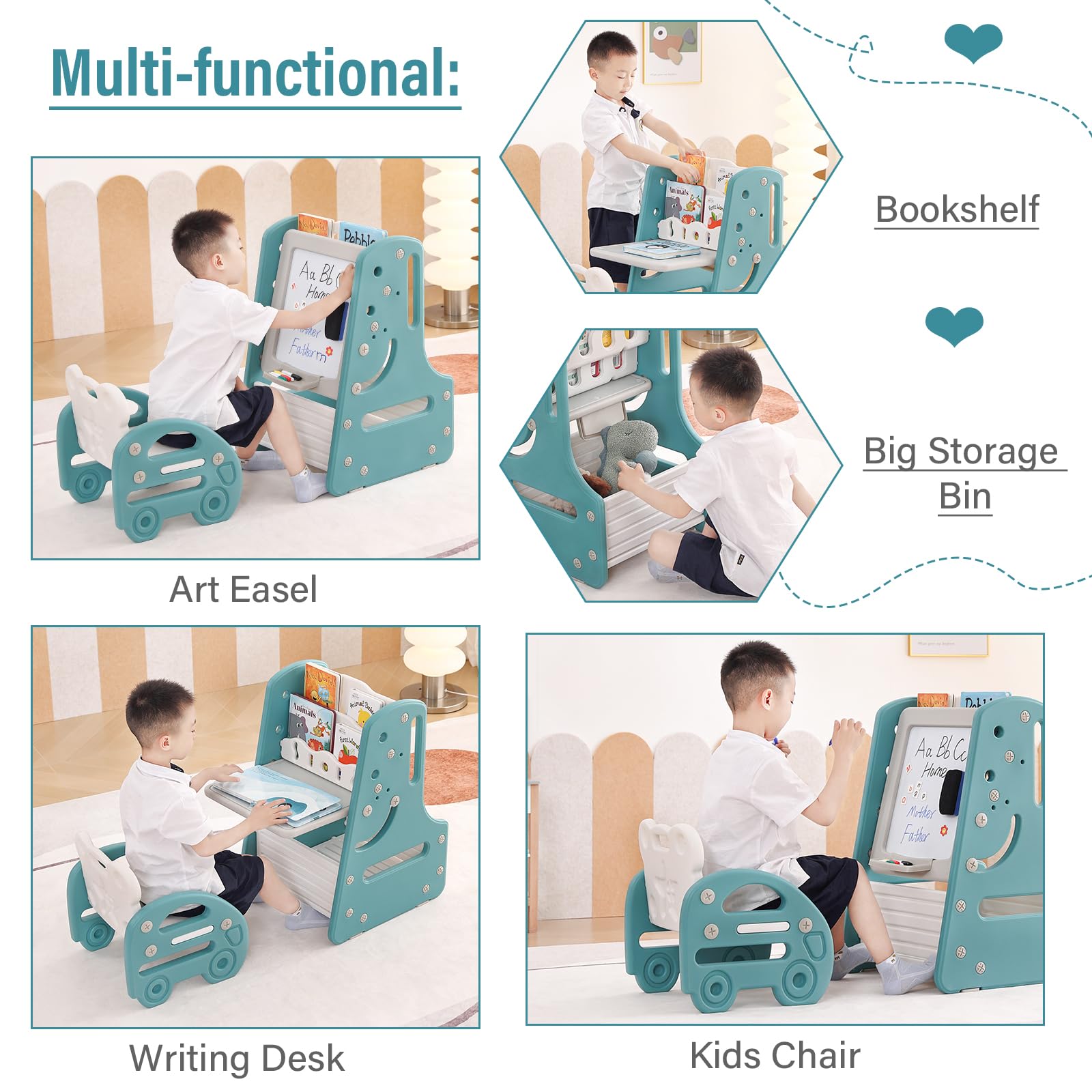 Juego de mesa y silla para niños, caballete de arte convertible 3 en 1 y estantería de exhibición con tablero de pintura magnético, estante de almacenamiento inferior, juego de mesa de 4