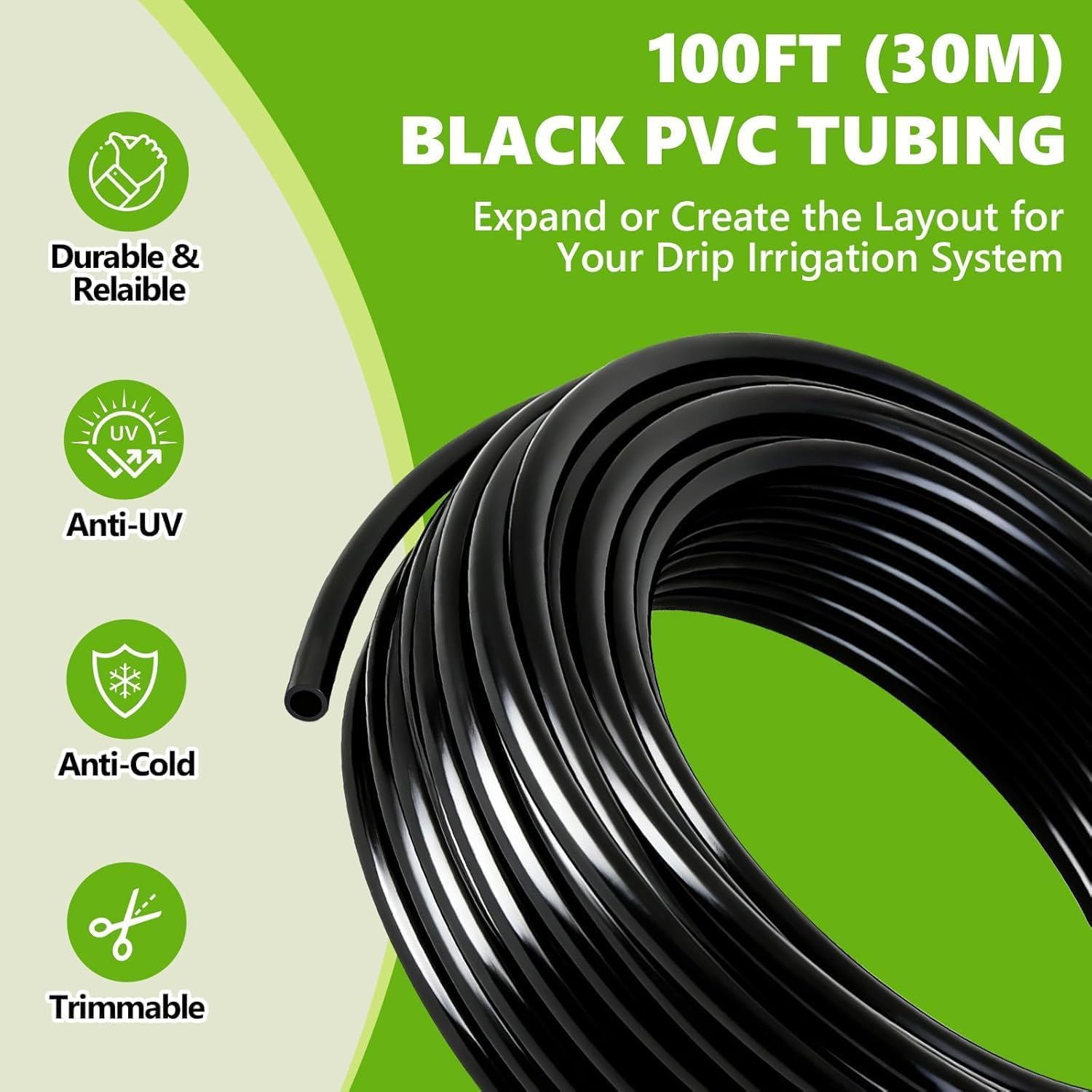 100 FT 1/4" Drip Irrigation Tubing, Flexible Drip Line Irrigation Hose with 30pcs 1/4" Support Stakes, Blank PVC Distribution Tubing, Irrigation System Parts for Garden Irrigation System
