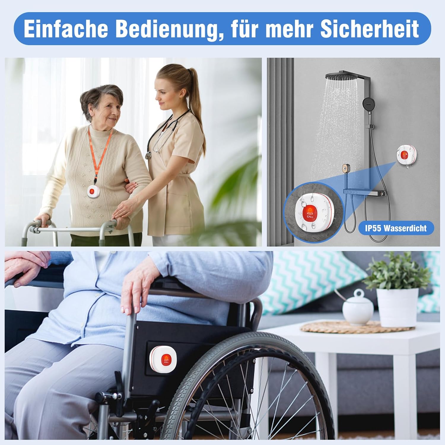 Three images showing the call button's ease of use and durability: a caregiver assisting an elderly person, the call button mounted in a shower (IP55 waterproof), and the call button attached to a wheelchair.
