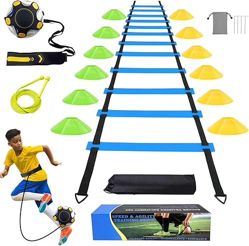 Miniatura 1 de Juego de equipos de entrenamiento de agilidad de fútbol, accesorios de fútbol de 12 peldaños y 20 pies, 12 conos de disco, entrenador de fútbol