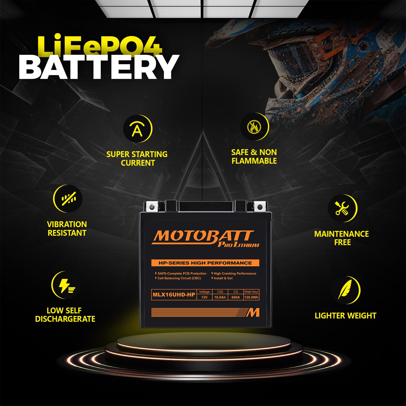 YTX14-BS LiFePO4 - Batería de litio para motocicleta, MotoBatt MLX16UHD-HP ATV UTV de 4 ruedas con mayor potencia de arranque (12 V, 600 CA, 10 A), compatible con piezas KTM, Yamaha, Honda, SUZUKI