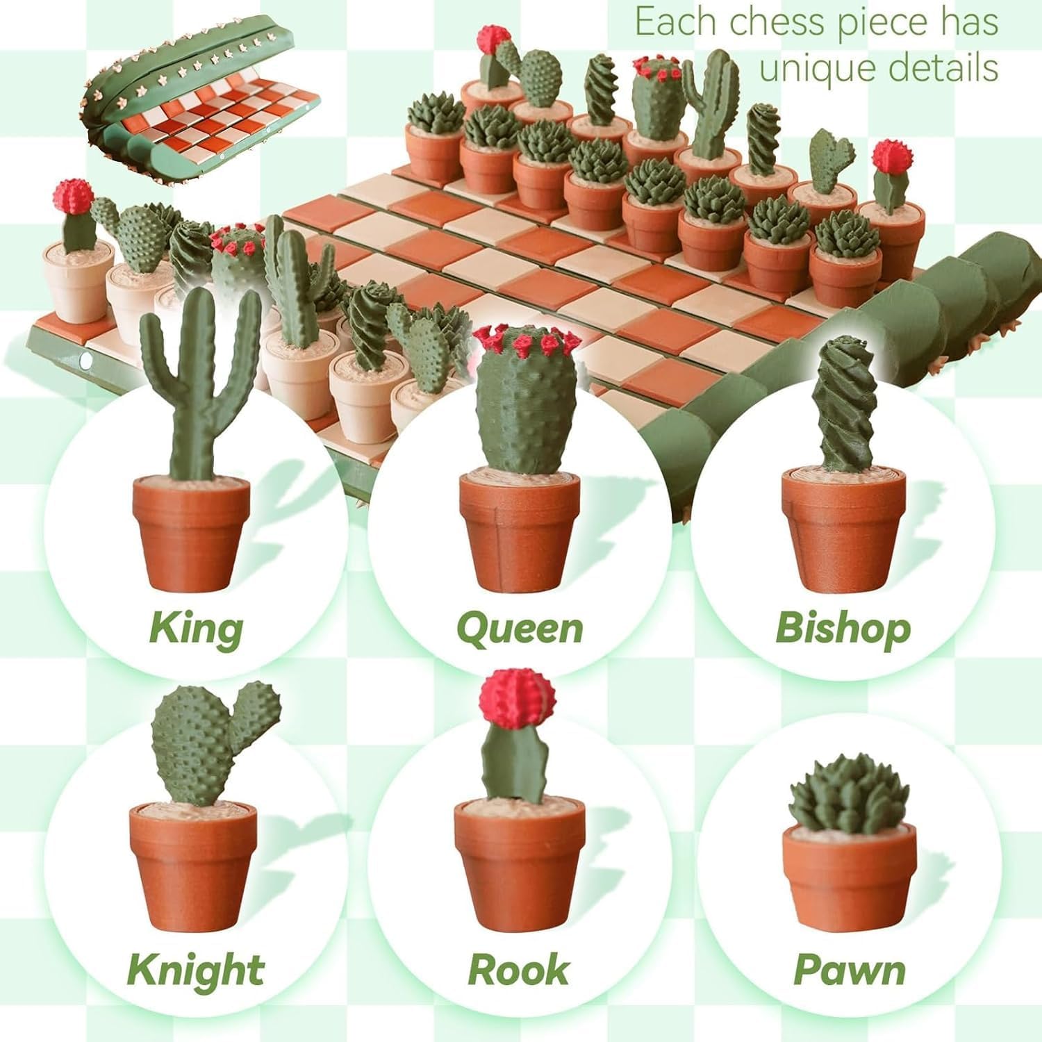 32 Pcs Cactus Shape Travel Chess Board 3D Printed Chess Board Roll Up Travel Chess Board Succulent Plant Chess Pieces Funny Chess Set for Plant Lovers