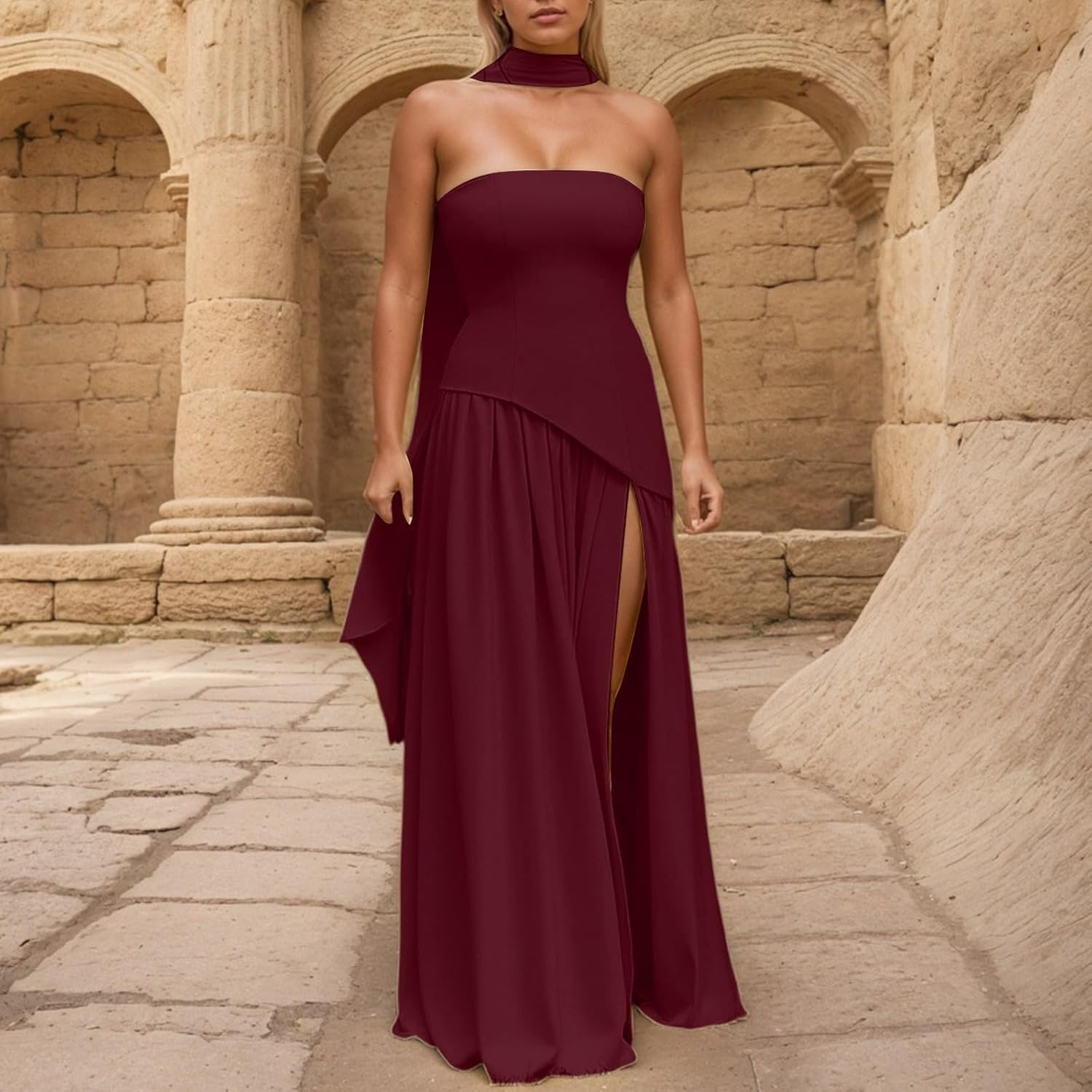 Maxi Dresses for Women Strapless High Slit Tube Dress Flowy A Line Cocktail Evening Party Wedding Guest Dress