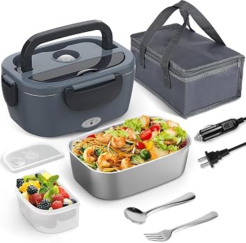 WisaKey 2 Sets of Electric Lunch Boxes, Heated Lunch Box for Adults, 12V 24V 110V Portable Food Warmer LunchBox for Car Truck Work with Removable 304 Stainless Steel Container, Carry Bag