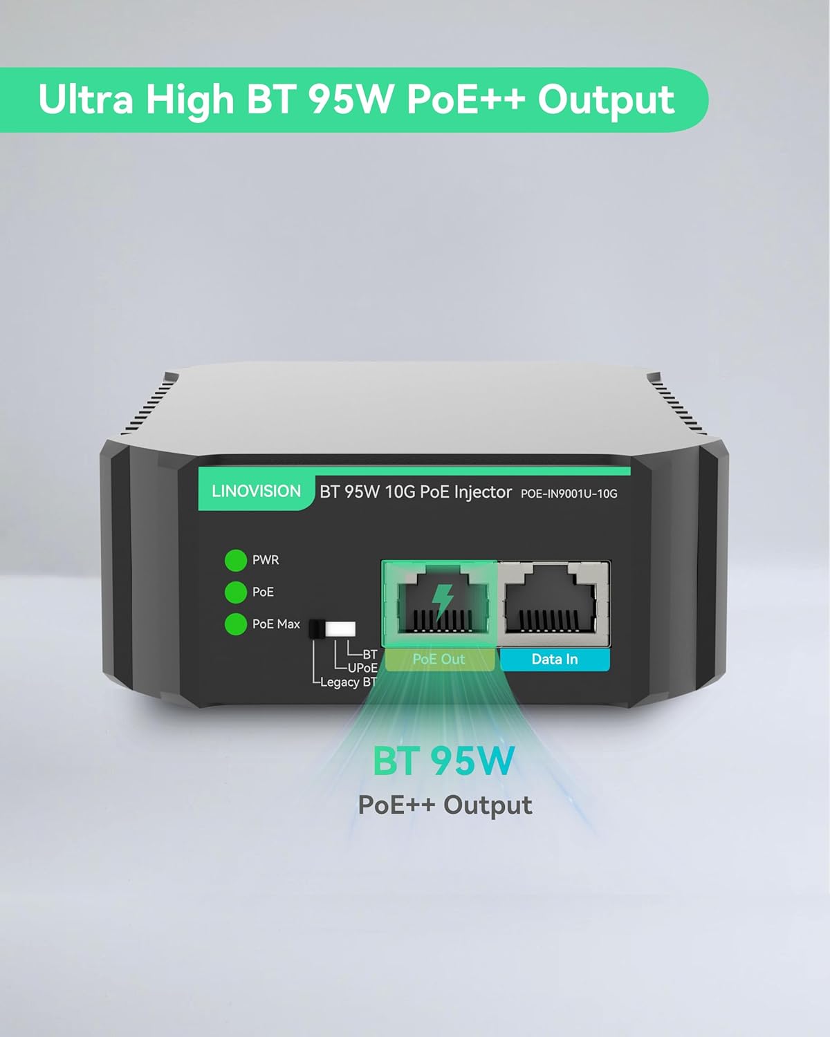 LINOVISION Industrial 10G BT 95W POE++ Injector with AC 100-240V Input, Compatible with Standard and Legacy Non-Standard PD Devices, IEEE802.3af/at/bt PoE Output for PTZ Camera, POE Light, POE Monitor