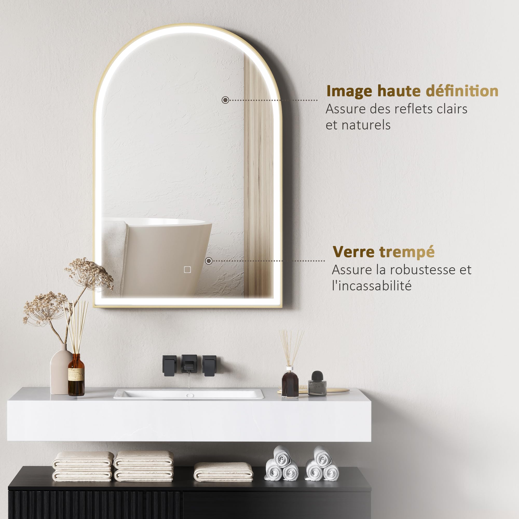 HOMCOM Miroir Salle de Bain avec éclairage LED 90 x 60 cm, Miroir Mural arqué, lumière réglable 3 Couleurs, Anti-buée, mémoire, Interrupteur Tactile, Miroir Salle de Bain, Cadre en Aluminium, doré
