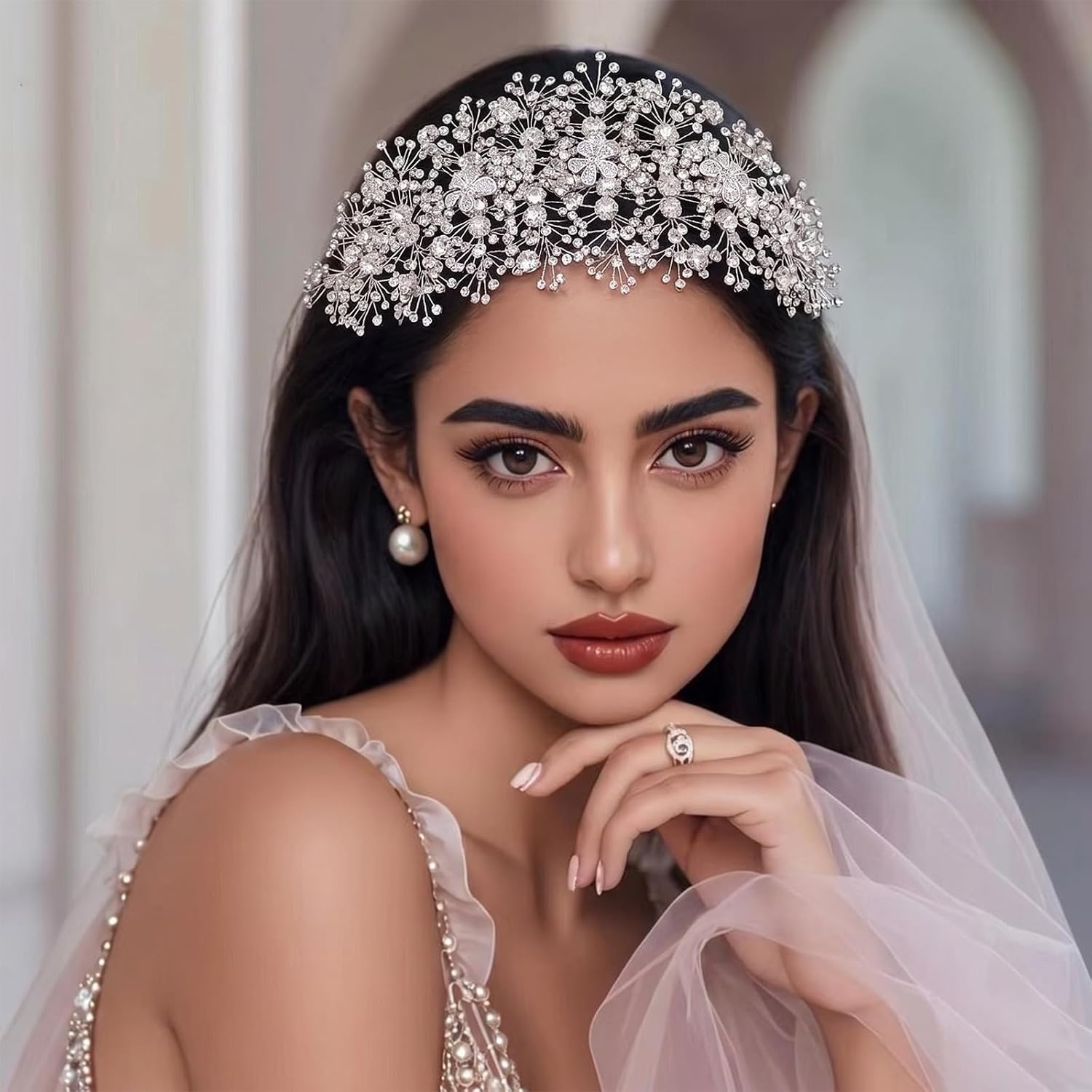 AMORARSI Bridal Headpiece Handmade Rhinestone Wedding headband for Women and Girls Silver