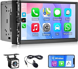 [Upgrade] Double Din Car Stereo with Wireless Apple Carplay Wireless Android Auto 7” Touchscreen Car Radio with Bluetooth 5.1 FM Head Unit with Backup Camera Support Mirror Link Subwoofer USB/TF/AUX