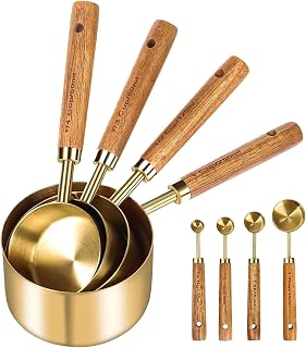 Measuring Cup and Spoon Set, Stainless Steel Kitchen Utensils, 8-Piece, 0.03 Inches, Stackable Wooden Handle Tools, Accurate Tablespoon Teaspoon Kit for Cooking Baking Prep
