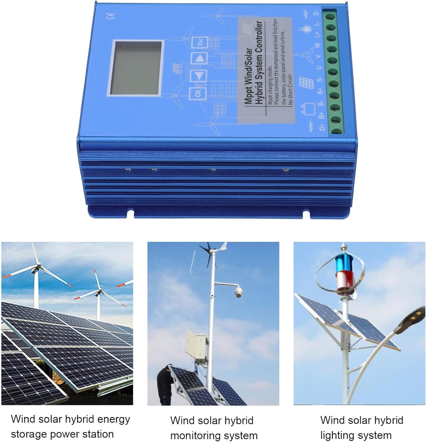 Three images showing typical applications: a wind solar hybrid energy storage power station with solar panels and wind turbines, a wind solar hybrid monitoring system with a camera, and a wind solar hybrid lighting system with a street light.