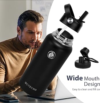 Metal Water Bottle with Straw, 950ml Stainless Steel Water Bottle 2 Leakproof Lids, BPA Free Double Walled Vacuum Insulated Water Bottles Thermal for 12h Hot & 24h Cold,for Man,Woman-Black