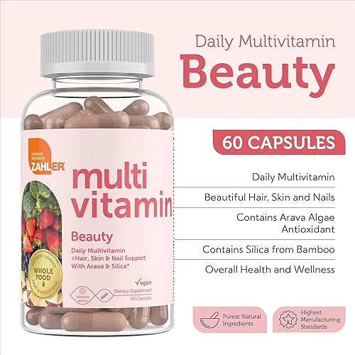 Miniatura 4 de Zahler Multivitamin Beauty + Skin Hair and Nails Support, multivitamínico para mujeres y hombres con hierro, certificado Kosher, 60 cápsulas