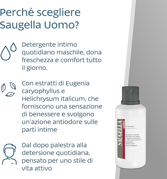 Saugella Uomo, Detergente e Corpo Rivitalizzante, Antiodore, Con Estratti di Elicriso e Chiodi di Garofano per un Uso Quotidiano nel Rispetto del pH Fisiologico, 750 ml - 3