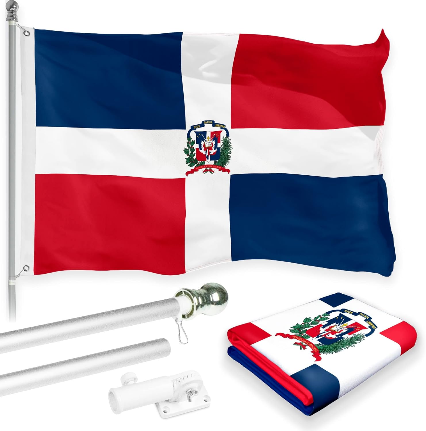 G128-6 Feet Spinning Flagpole (Silver) Dominican Republic 150D Flag Brass Grommets Printed 3x5 ft (Flag Included) Aluminum Flag Pole