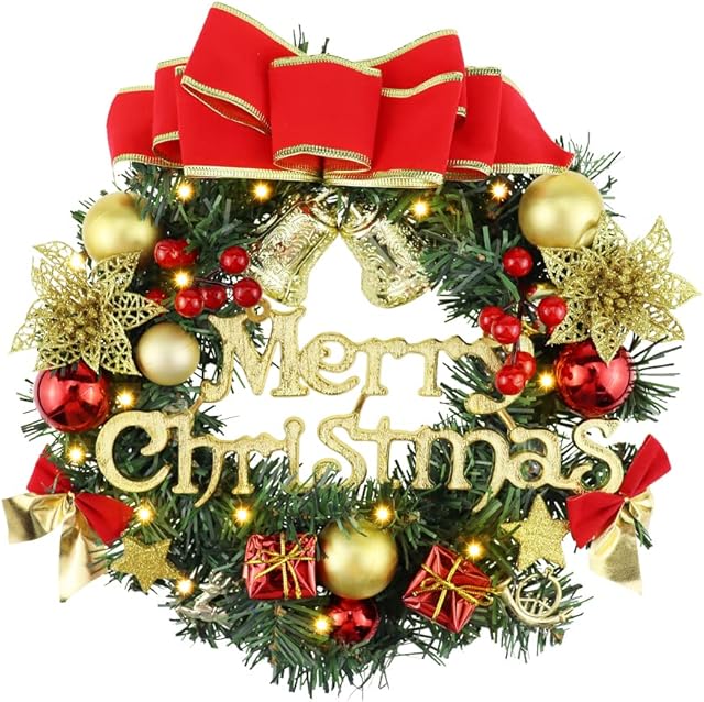 YPLonon Christmas Wreaths for Front Door 30cm Christmas Wreath with Lights Door Garland Decorations with baubles Bowknot Artificial Pine Garland for Indoor Outdoor Christmas Tree Hanging Decoration