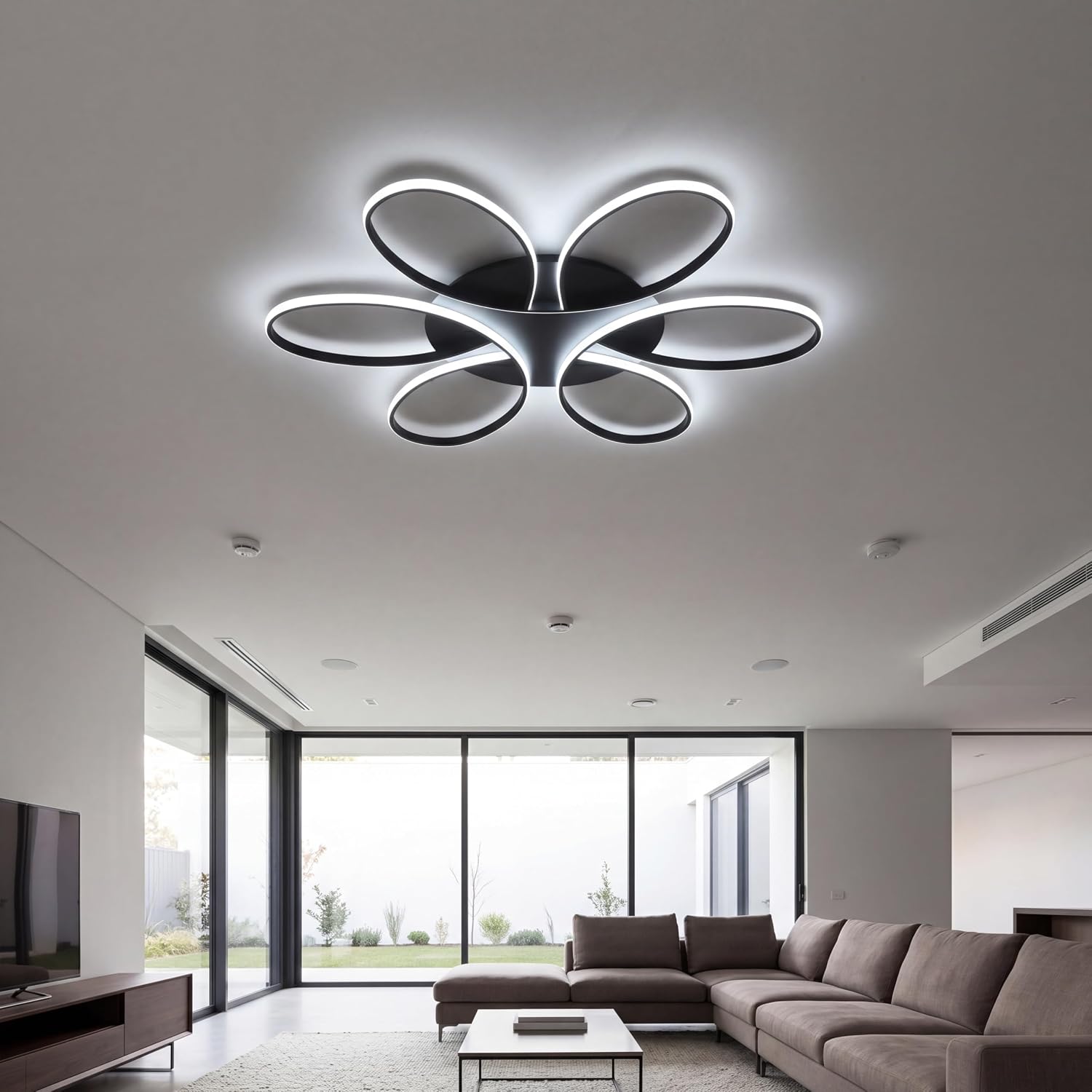 Modern LED Ceiling Light Fixture Black Flush Mount Ceiling Lamp with Remote Control Dimmable 6 Rings Flower Shaped Ideal for Living Room Bedroom Dining Room Kitchen(120CM/47.3IN)