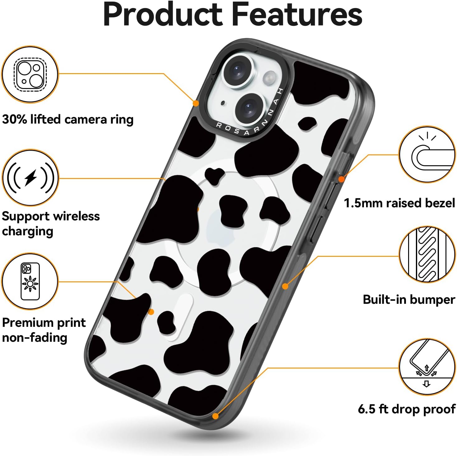 Magnetic for iPhone 15 Magsafe Case Cute Aesthetic - Durable Shockproof 6.6 ft Drop Impact Phone Case Cover with Funny Fashion Milk Cow Print 6.1" Black