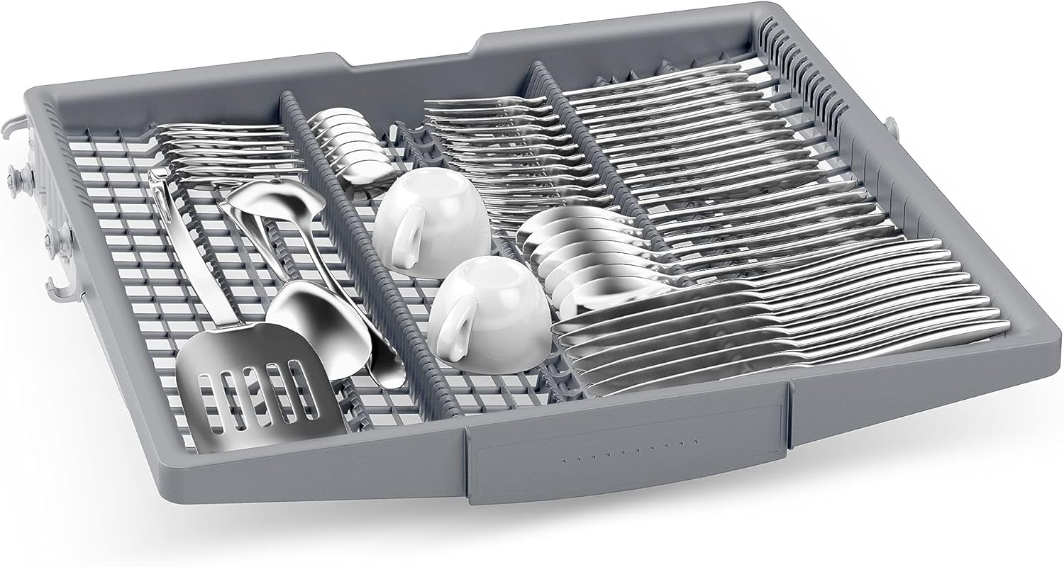 Dishwasher cutlery drawer loaded with utensils
