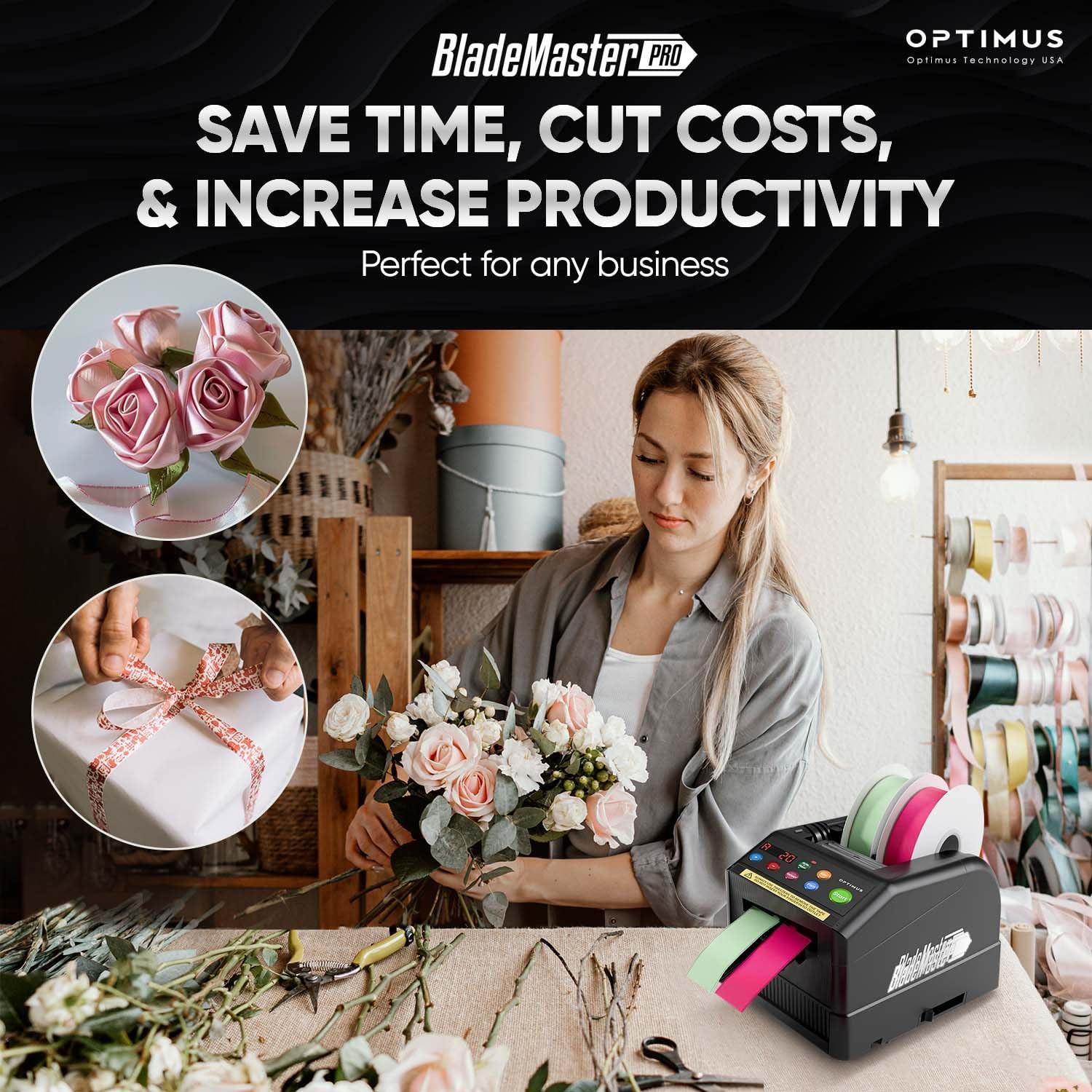 BladeMaster PRO Automatic Ribbon Cutting Machine │ Smart Auto Tape Dispenser Ribbon │ 2024 Upgraded Commercial Grade Intelligent Auto Tape Cutter USA Black