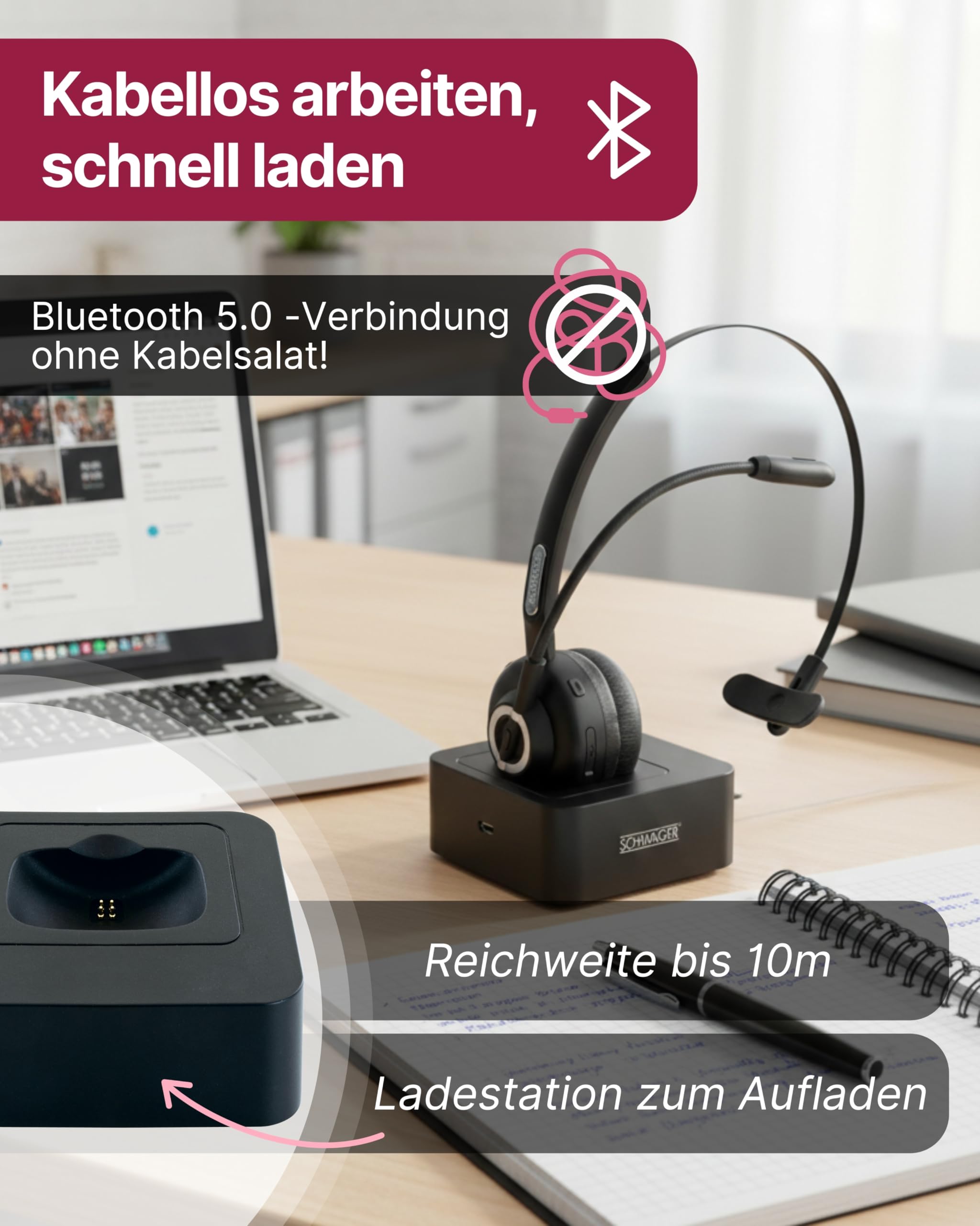 SCHWAIGER One-Ear Mono Headset I Bluetooth Kopfhörer mit Mikrofon & Ladestation I kabelloses Headset mit 17 h Akkulaufzeit I ergonomisch & gepolstert I für PC & Büro I mit verstellbarem Mikrofonarm