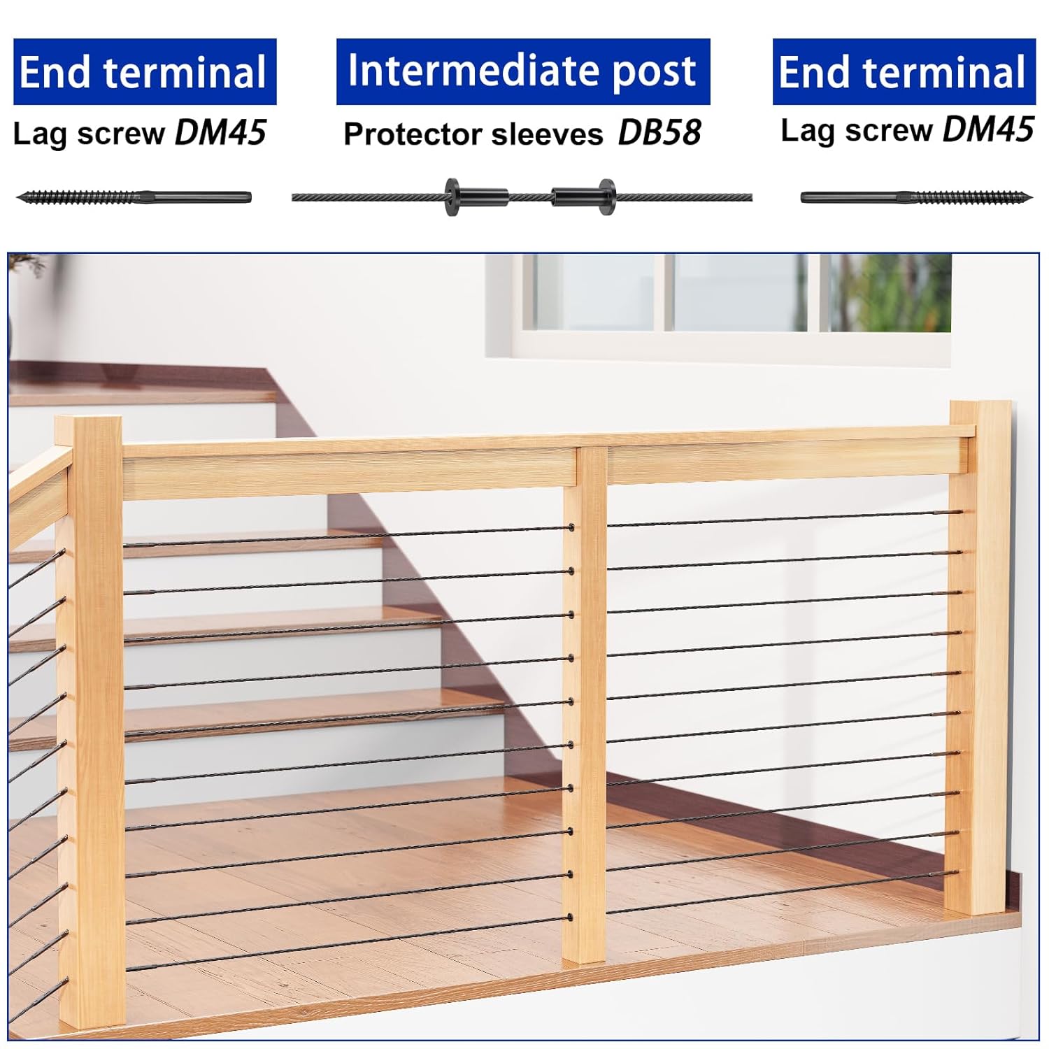 Steel DN Mate 100 Pack Stainless Steel Protector Sleeves for 1/8”, 5/32", 3/16" Wire Rope Cable, Black Cable Railing Kit Hardware for Wood Post, T316 Marine Grade DB58