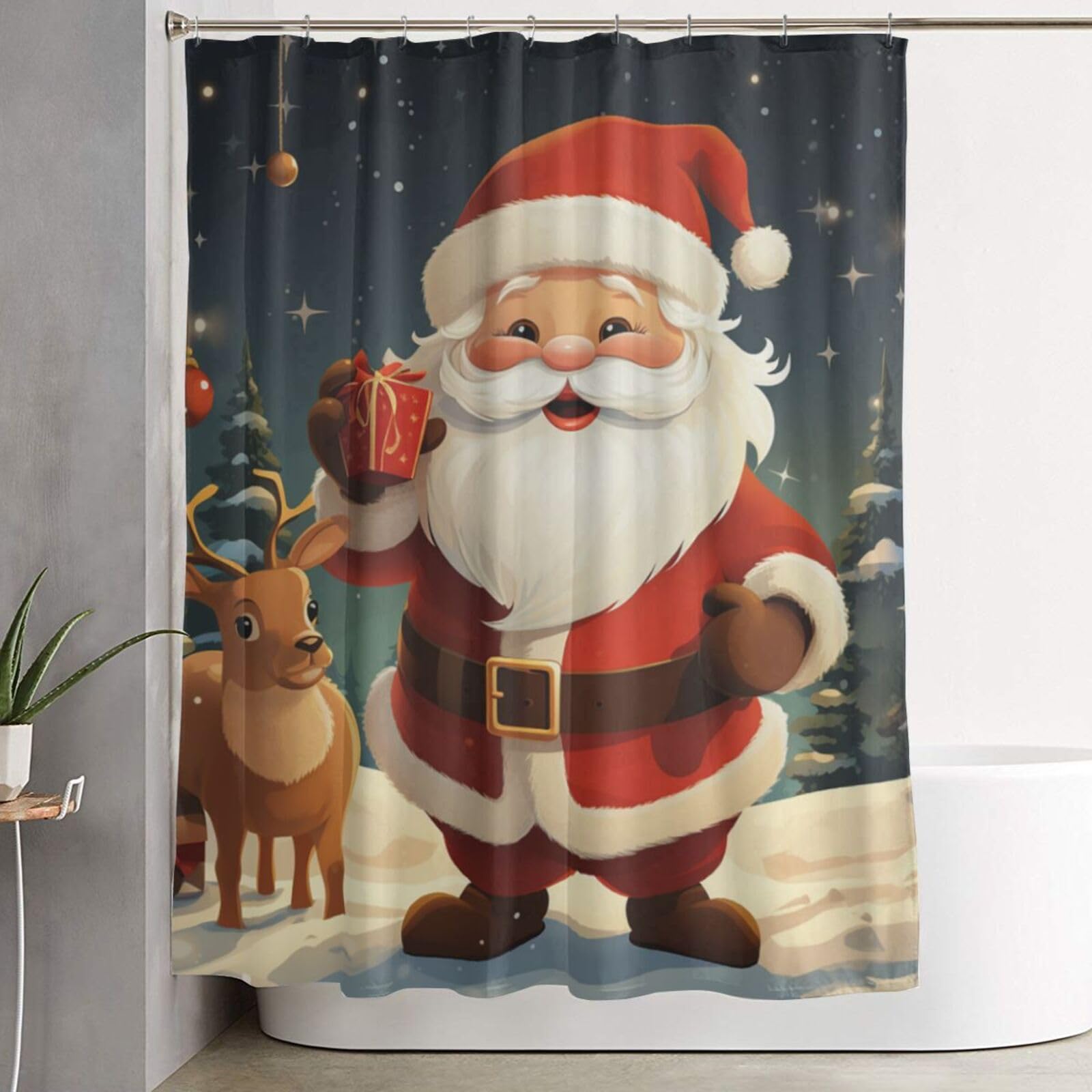 Rideau de douche épais avec 12 crochets Noël et Père Noël étanche pour bain 183x152 cm