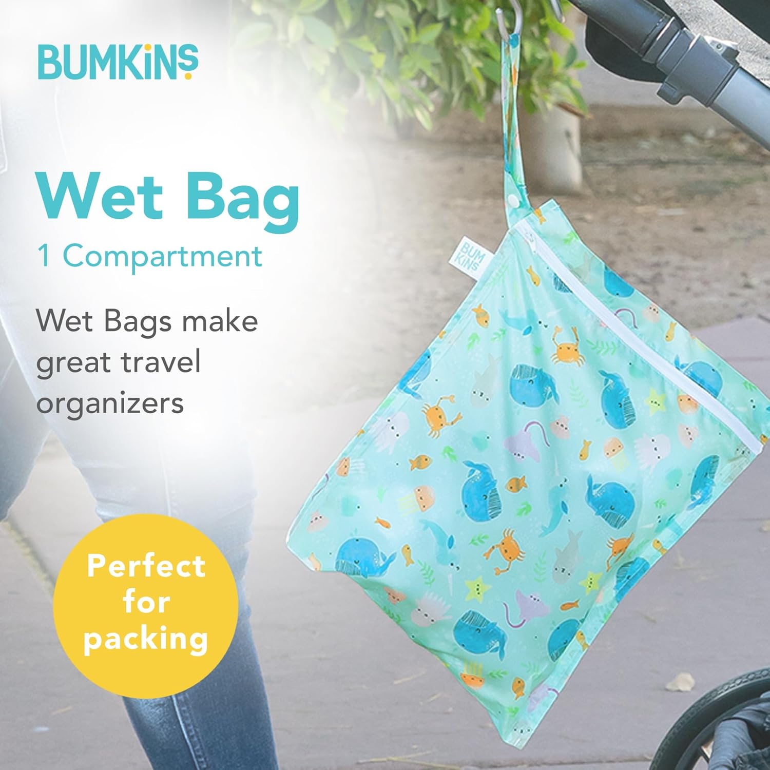 Bumkins 3-Piece TSA Approved Clear Travel Bags and Waterproof Wet Bag for Baby Diapers, Swimsuits, Toiletries, Accessories, Ocean Life Blue