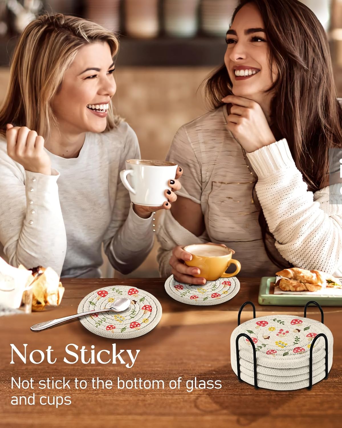 Drink Coasters Set of 6 - Cup Absorbent Coasters for Drinks Coffee Table Home Office Desk Decor Soft Woven Cotton Cloth Braided Fabric Drinking Cup Mat with Holder Cute Mushroom - Image 6