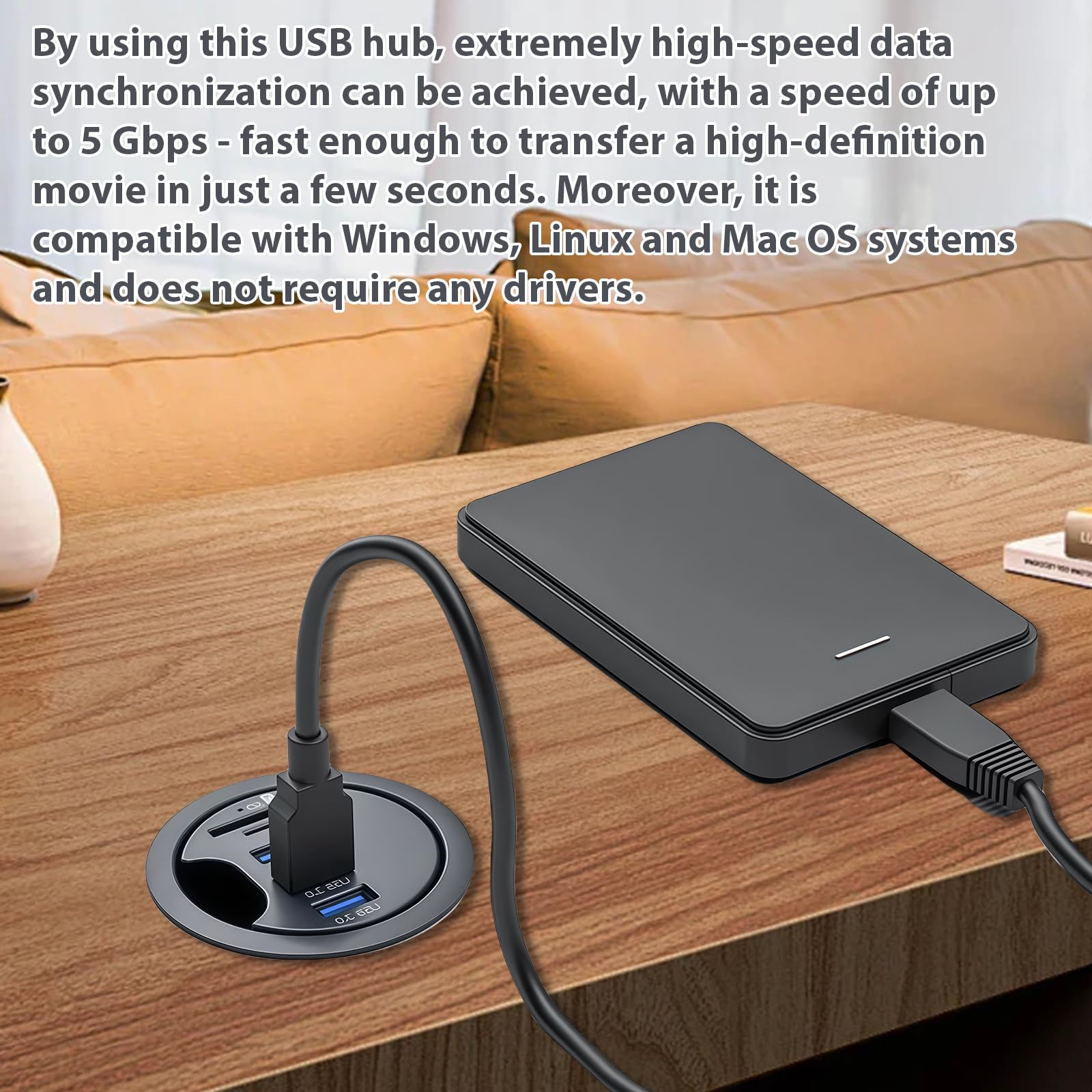 USB 3.0 Inbouw Hub – 60mm Bureaupassage – 4 Poorten Voor PC, Laptop En Monitor – Plug & Play