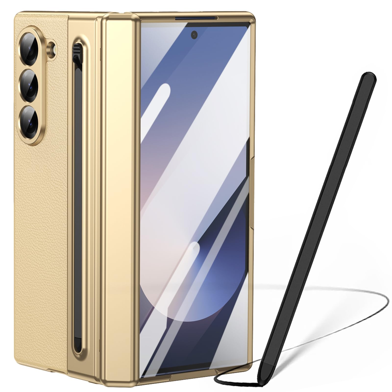 Custodia per Galaxy Z Fold 6, Protezione cerniera Samsung Fold6 cover, custodia Samsung Galaxy Z Fold6 con pellicola protettiva per lo schermo + Penna stilo + portapenne-Oro