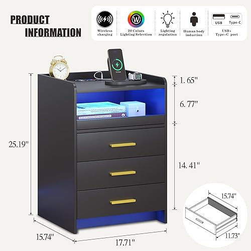 Miniatura 2 de Mesita de noche con estación de carga inalámbrica, mesa de noche con luz RGB y sensor humano, 3 cajones LED, mesa auxiliar moderna para dormitorio,