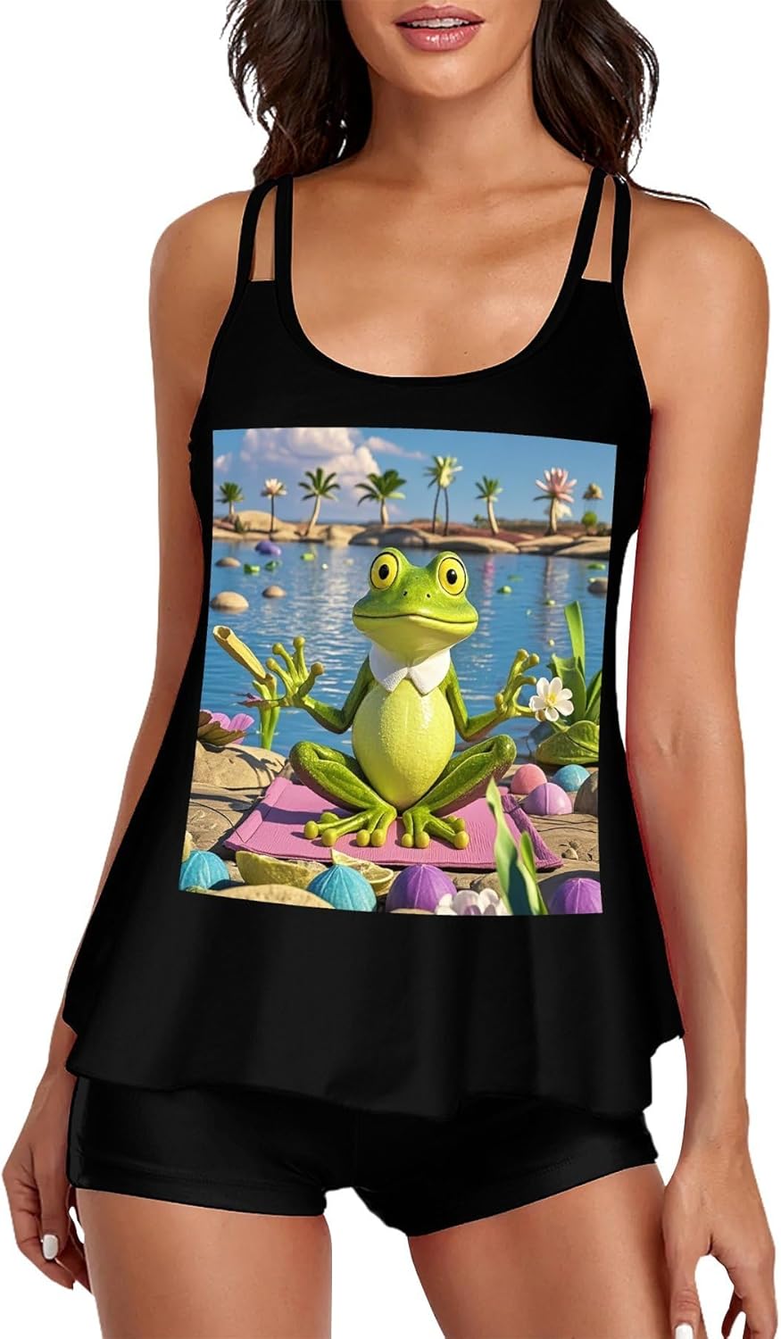 Funny Yoga Frog Tankini Swimsuits for Women Tummy Control Two Piece Bathing Suits Swim Tops with Boy Shorts