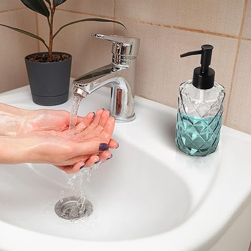 Miniatura 6 de 2 dispensadores de jabón de vidrio transparente con bomba, dispensador de jabón recargable de 11 oz con diseño de diamante para lavado de manos,