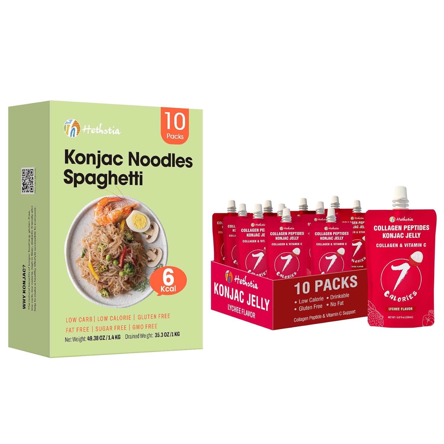 Hethstia Konjac Noodles Pasta Spaghetti, Konjac Jelly Pouch, 20 Packs, Gluten-Free, Sugar-Free, Low Calorie, Low Carb, Low GI, Keto, Ready-to-Eat Healthy Food Gifts