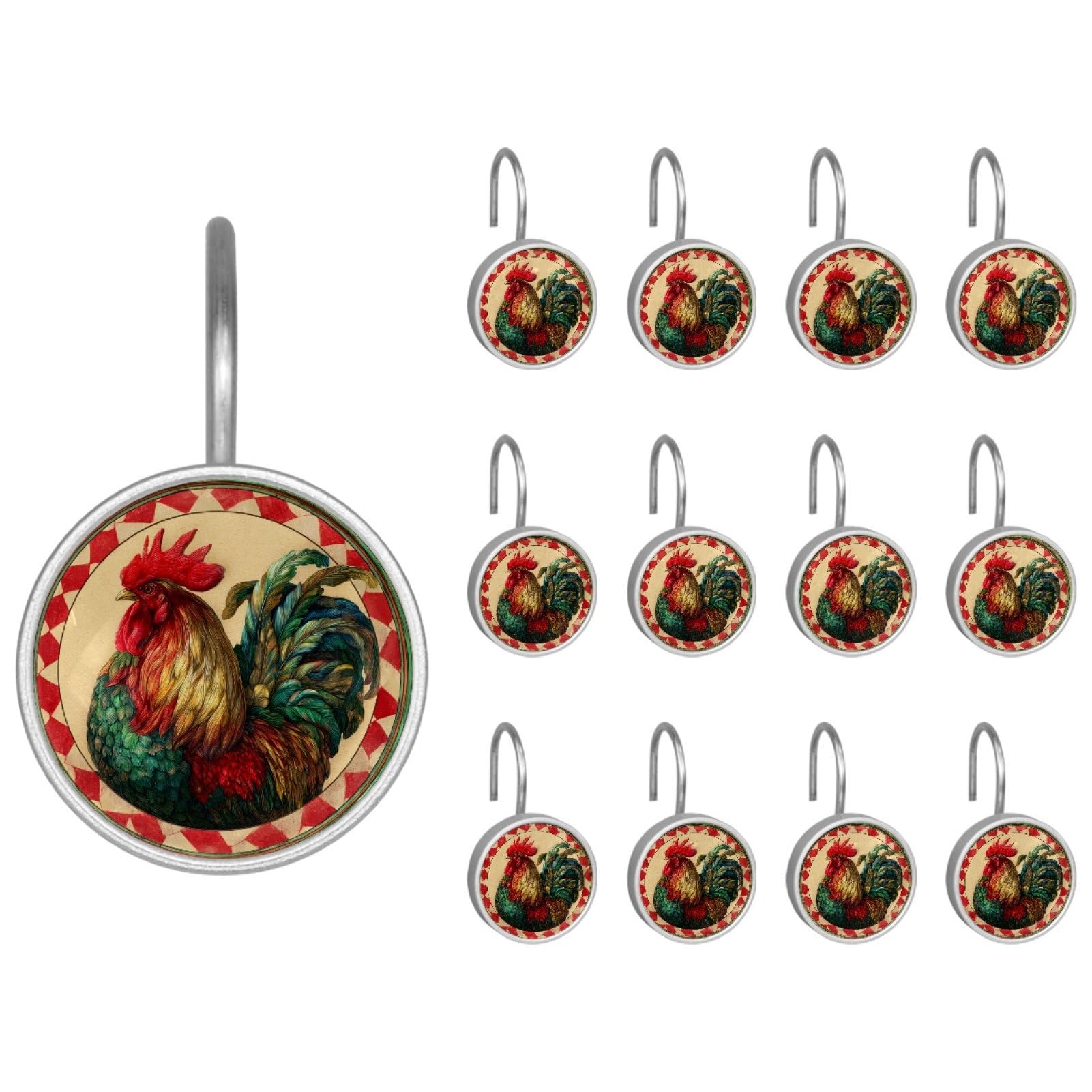 Grid Rooster Decorative Shower Curtain Hooks Rings, Rust-Resistant Metal Glide Shower Hooks for Bathroom 12pcs Shower Curtain Hooks