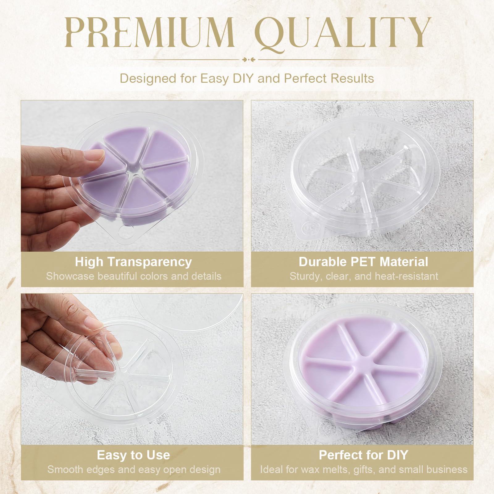 Leinuosen Lot de 50 coquilles en plastique PET à 6 cavités faciles à utiliser pour la fabrication de bougies sans mèche Emballage DIY Capacité 141,7 g