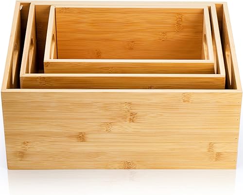 Miniatura 4 de DEAYOU Paquete de 3 contenedores de almacenamiento de bambú, caja de almacenamiento de bambú, organizador de anidación natural, contenedor apilable