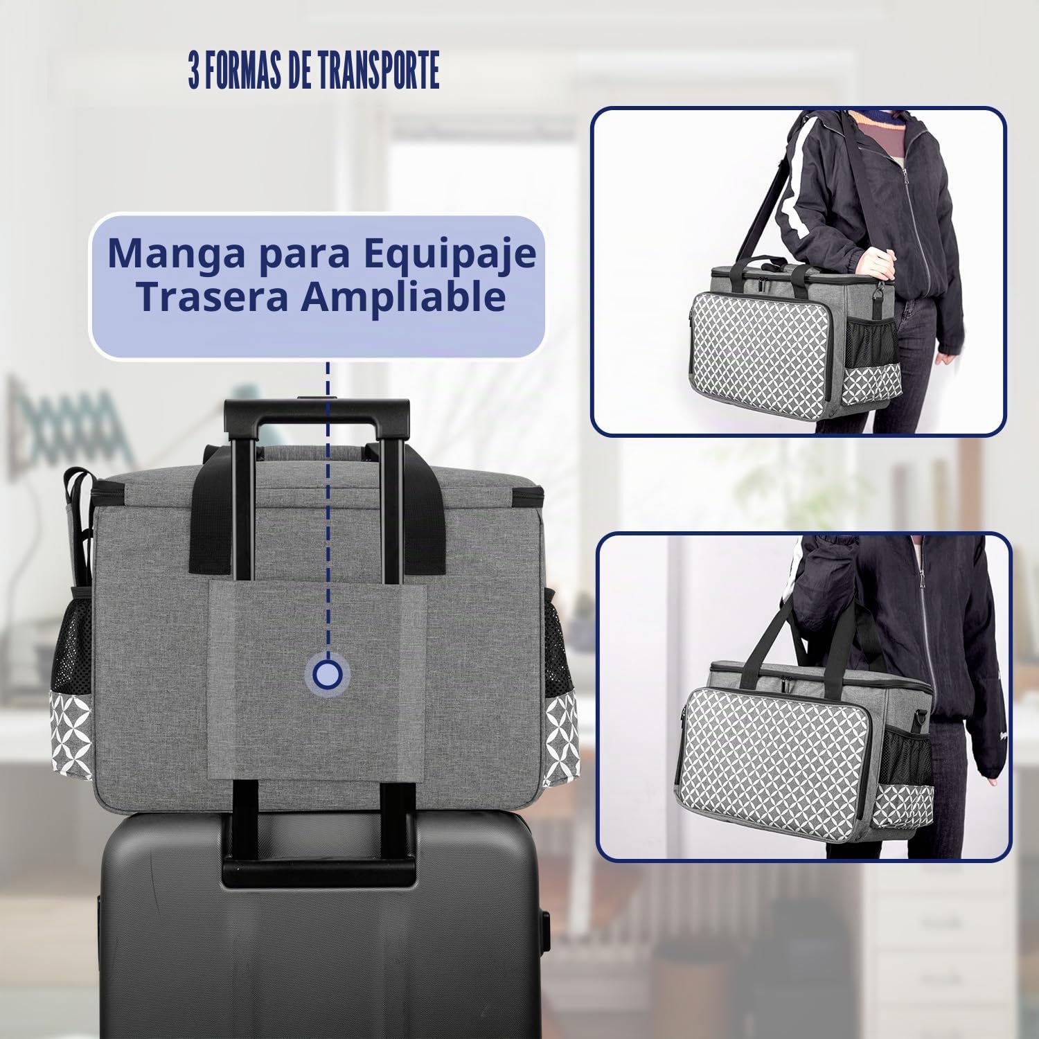 YARWO - Bolsa de Transporte para máquina de Coser con Tabla de Madera para apoyar el Fondo, Adecuado para la mayoría de máquinas en el Mercado, Gris con diseño