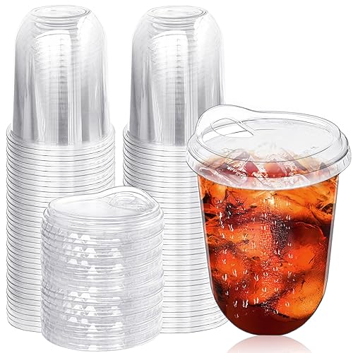 50 Pack Clear Plastic Cups with Strawless Sip Lids,16 oz
