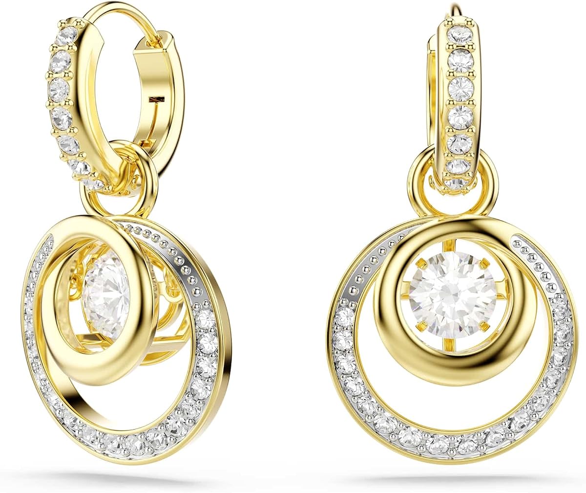 Hyperbola drop earrings, Round cut, White, Gold-tone plated
