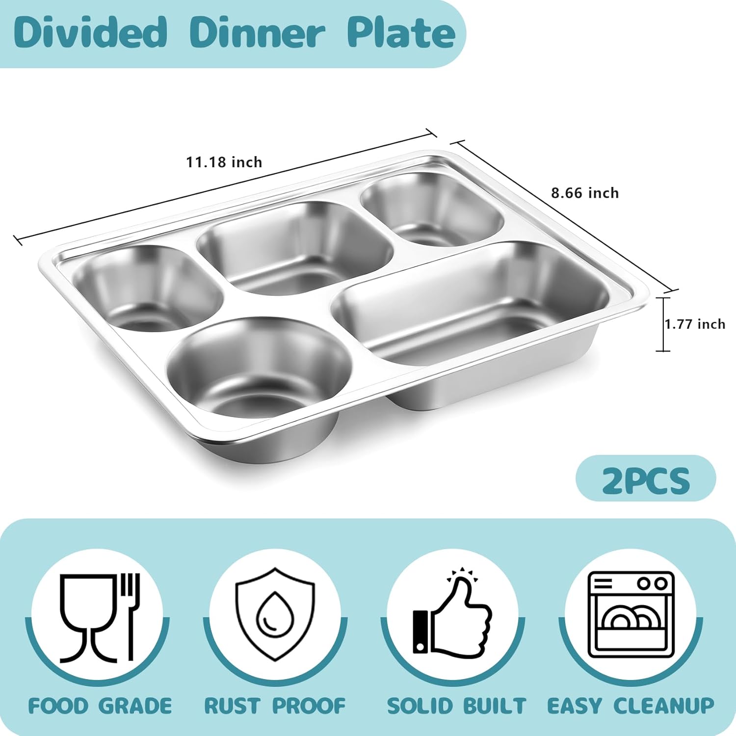 teamfar stainless steel divided plates, 2 pack 5 sections dinner plates for kids toddler, metal lunch compartment trays, portion control plates for adults balance lunch, unbreakable & dishwasher safe