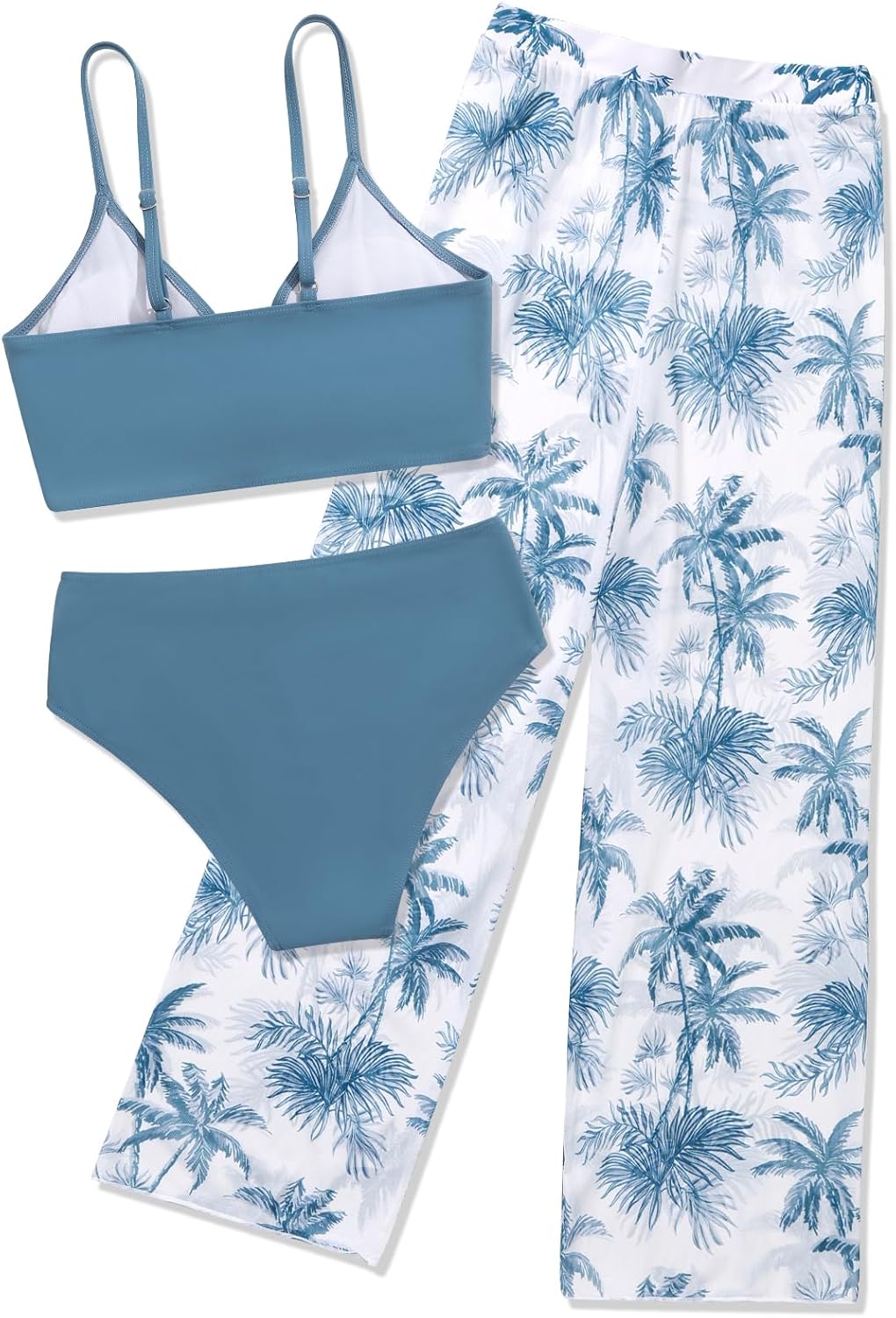 Girls Swimsuit 3 Piece Bathing Suit Criss Cross Bikini Set Tropical Floral Swimwear with Mesh Cover Up Pants Size 9-16Y - Image 5