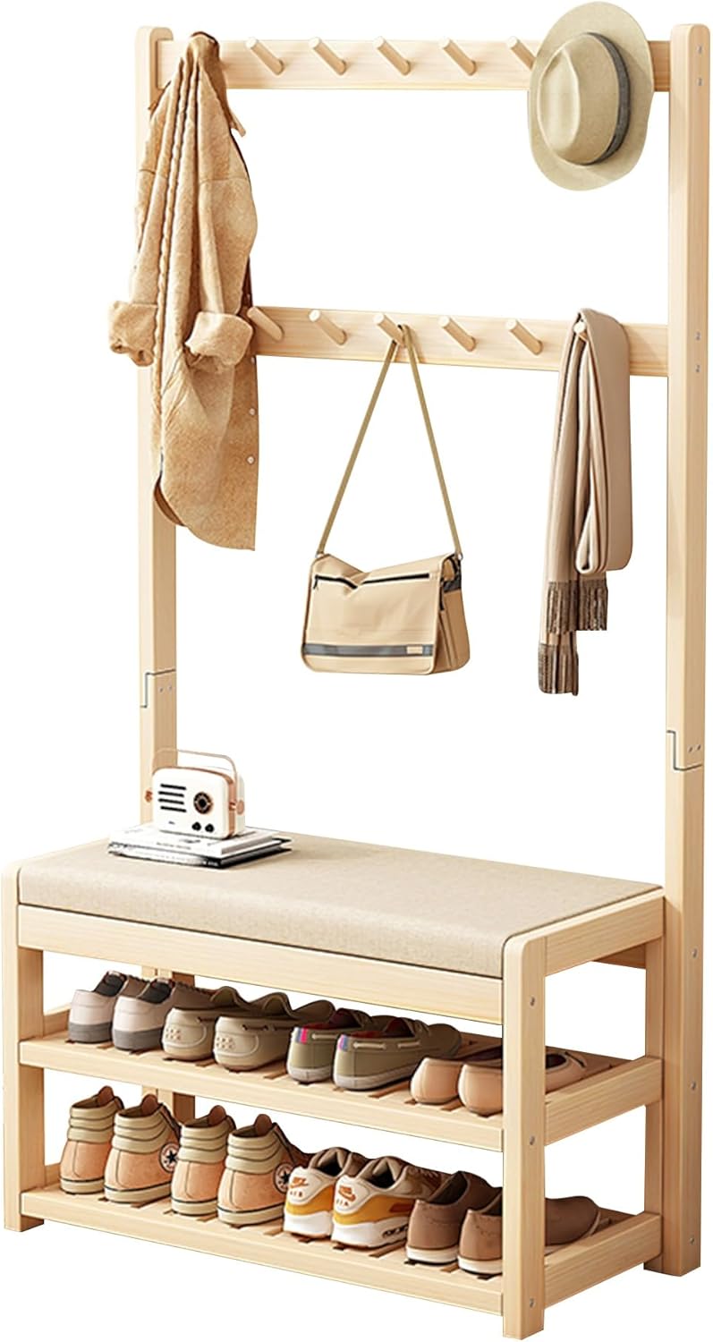 Solid Wood Hall Tree with Bench and Shoe Storage, Freestanding Hall Tree with Shoe Storage Mud Room Bench, Upholstered Sponge-Padded Seat, for Hallway, Bedroom, Living Room (Size : 64 * 173cm)